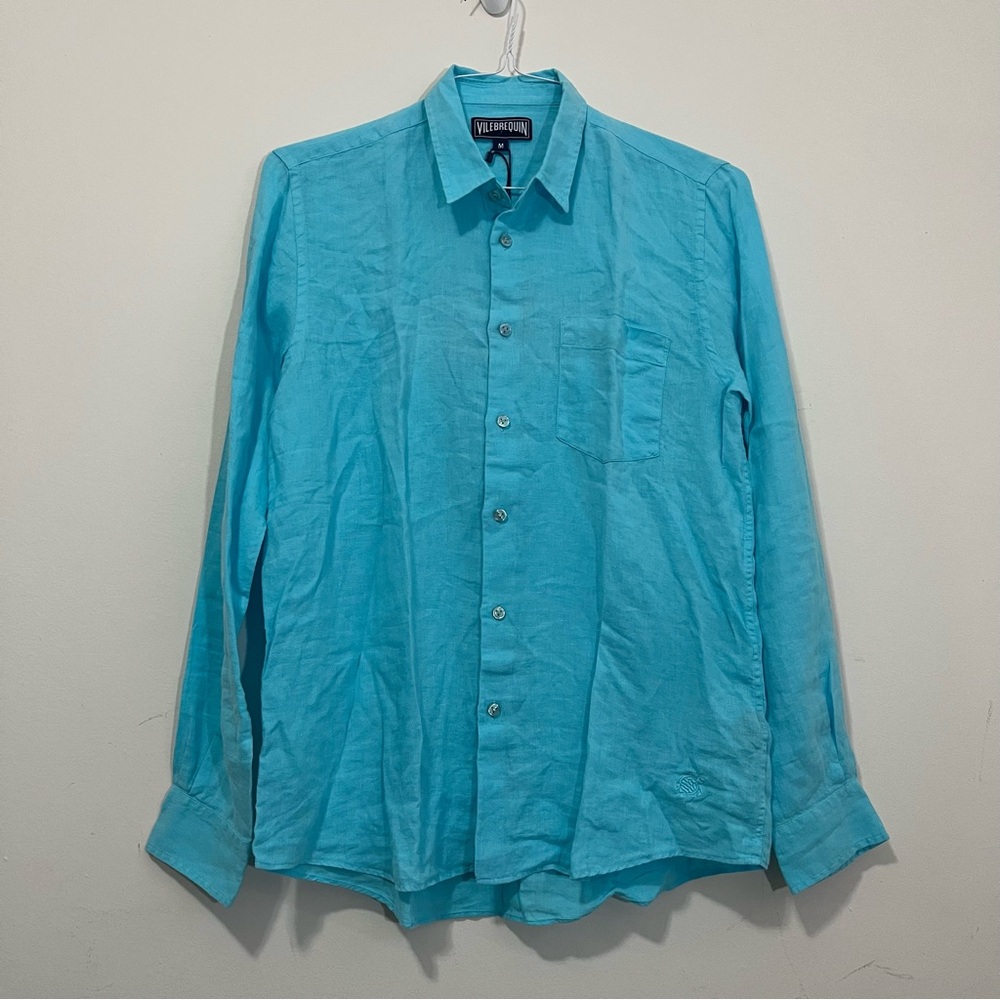 NWT Vilebrequin Caroubis Classic Long Sleeve 100% Linen Shirt Men’s M Blue